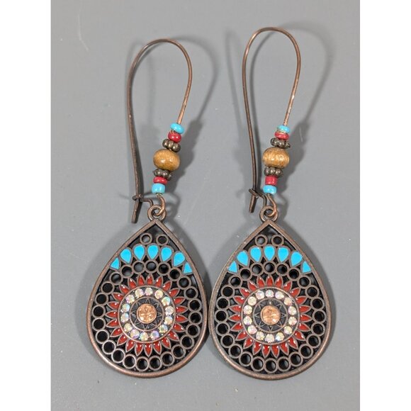 Boho Western Medallion Blue Brown Rhinestone Drop Long Earrings - Picture 1 of 6